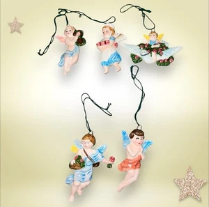 Vtg Acof Japan 1980 Porcelain Angel Ornaments Christmas Cherubs Set 5 - Picture 1 of 5