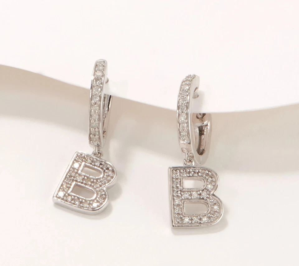 Affinity Sterling Silver Diamond B" Initial Hoop Earrings, 0.20cttw - Image 1 of 1