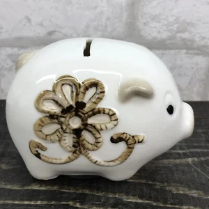 Vtg Japan Piggy Bank Small White Pig Brown Flower Has plug - Picture 1 of 9