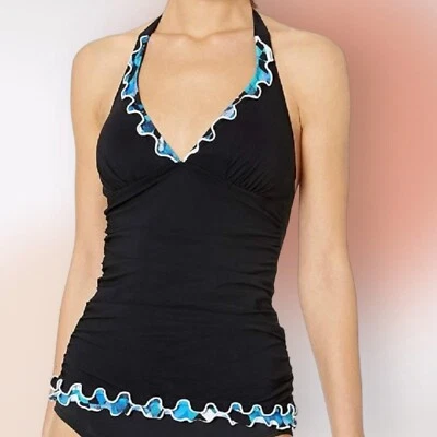 PROFILE by GOTTEX Women's Black Tie Ruffled Monaco Halter Tankini Top size 6 - Image 1 of 4