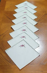 8 Vintage Hand Embroidered Cotton Napkins Floral Bouquet Dental Molding Border - Picture 1 of 18