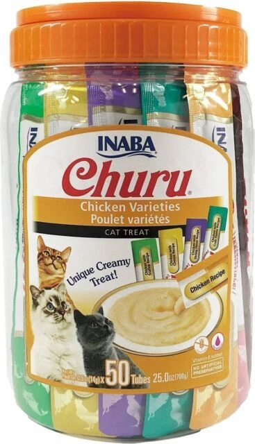 INABA Churu Grain-Free, Lickable, Squeezable Creamy Purée Cat Treat with Taurine & Vitamin E, 0.5 Ounces Each Tube (50 Tubes Total)