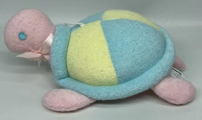 Vtg Commonwealth Terry Cloth Turtle Plush Rattle Baby Pink Yellow Aqua - Image 1 of 4