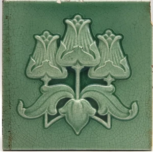 Victorian Fireplace Tile Green Glaze Triple Tulips High Relief C1890 AE3 - Picture 1 of 3