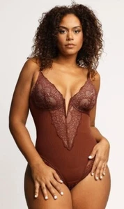 Popilush Firm Control Smoothing Full Lace Thong Bodysuit Shapewear Brown SZ L - Picture 1 of 15
