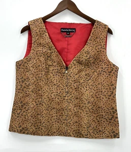 Pamela McCoy Vest Women's Leopard Pleated Sheer Zip Closure Lightweight Brown M - Picture 1 of 7