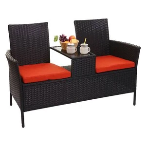 Poly-Rattan Bank mit Tisch HWC-E24, Sitzbank, 132cm, schwarz, Kissen terrakotta - Bild 1 von 10