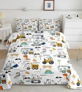 Construction Bedding Set Equipment Trucks Dinosaurs Comforter Set Full Multi - Picture 1 of 4