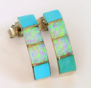 VINTAGE BEAUTIFUL STERLING SILVER NATIVE AMERICAN INLAY EARRINGS OPAL DROP VK - Picture 1 of 2