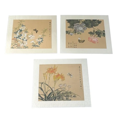 Vintage Asian Floral Botanical Art Prints Set of 3 Silk Paintings Chinese Signed - Image 1 of 4