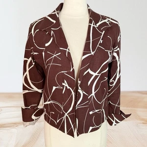 Transitions Leinen Kurz Blazer Jacke Art to Wear Braun Weiß Print Gr. M Damen - Bild 1 von 8