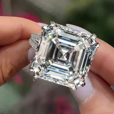 8.65Ctw Asscher Cut Moissanite Hidden Halo Engagement Ring 14K White Gold Plated - Image 1 of 4