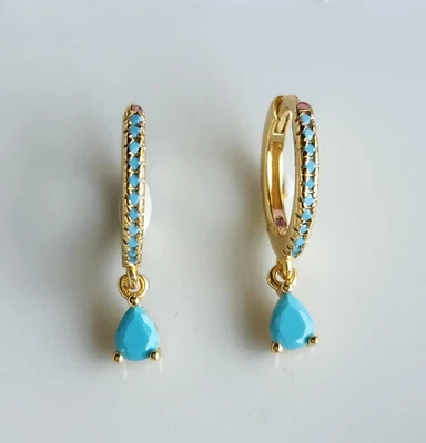 925 Sterling Silver 3x5mm Pear Blue Turquoise 5/8'' Earrings Gemstone Gold-Plate - Image 1 of 3