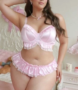 Sweet n Sassy Pink Bows & Ruffle Trim Satin Push Up Bra & Panties Set PLUS 3XL - Picture 1 of 5