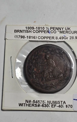 1809-1810 1/2 PENNY BRITISH COPPER CO. CONDOR TOKEN EF-40 IMO - Image 1 of 3