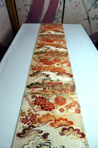 Maru Obi Table Runner Xmas Japanese Kimono Antique Woven Belt Silk Crane Gold - Picture 1 of 19