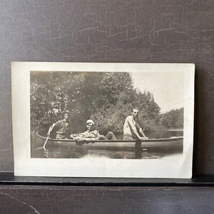 AZO Real Photo of Men Canoeing Canoe RPPC Vintage 1940s Postcard UNP - Picture 1 of 2