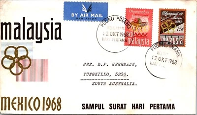 MALAYSIA 1968 CACHET  FDC AIRMAIL COVER COMM OLYMPICS MEXICO'68 ADDR AUSTRALIA - Image 1 of 2