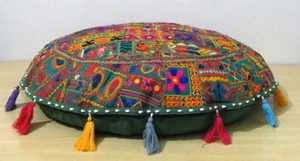 32" Round Floor Pillow Cushion Cover Green Decorative Patchwork Indien Handmade" - Picture 1 of 4