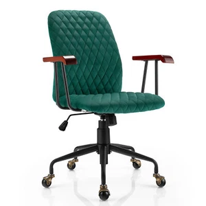 Velvet Home Office Chair Swivel Adjustable Task Chair w/ Wooden Armrest Green - Picture 1 of 10
