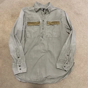 J. Crew Beaded Chevron Popover Shirt Army Green Women's Sz 4 - Picture 1 of 13