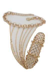 Women Fashion Shiny Gold Metal Hand Chain Bracelet Elastic Band Ring One Size