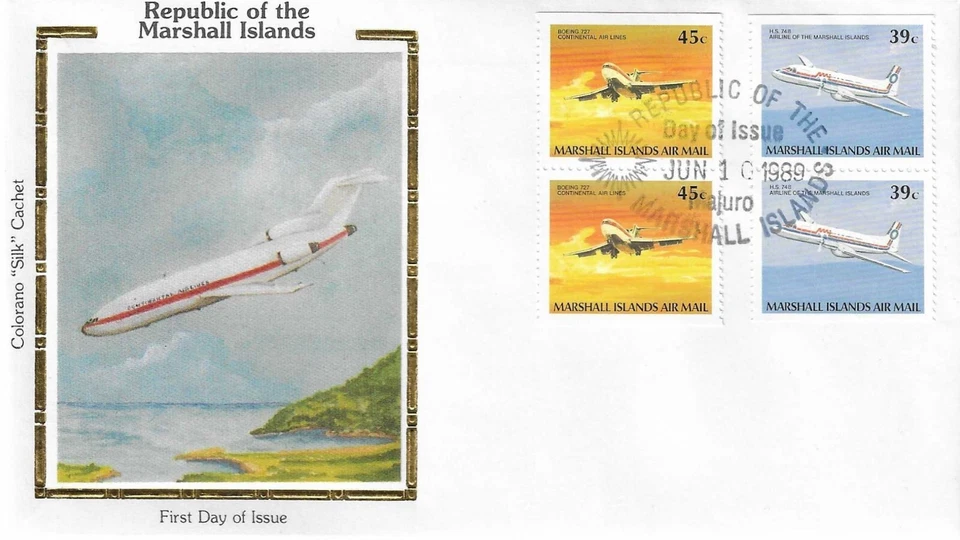 Airmail Wings Aircraft Airplanes Marshall Islands Gold Colorano Silk FDC 1989 - Image 1 of 1