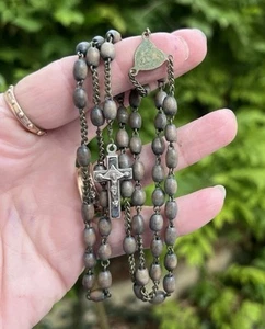 Antique French Brown Rosary Prayer Wood Beads Brass Links Medals 18” Chaplet - Picture 1 of 16