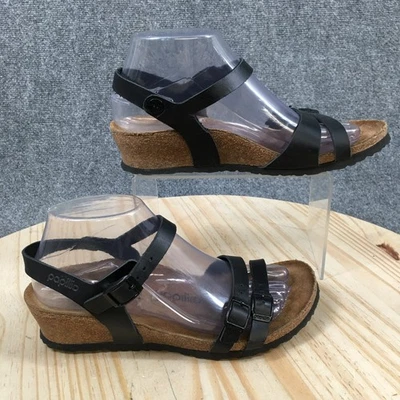 Papillio by Birkenstock Womens 38 Narrow Ankle Strap Black Leather Buckled Wedge - Image 1 of 4