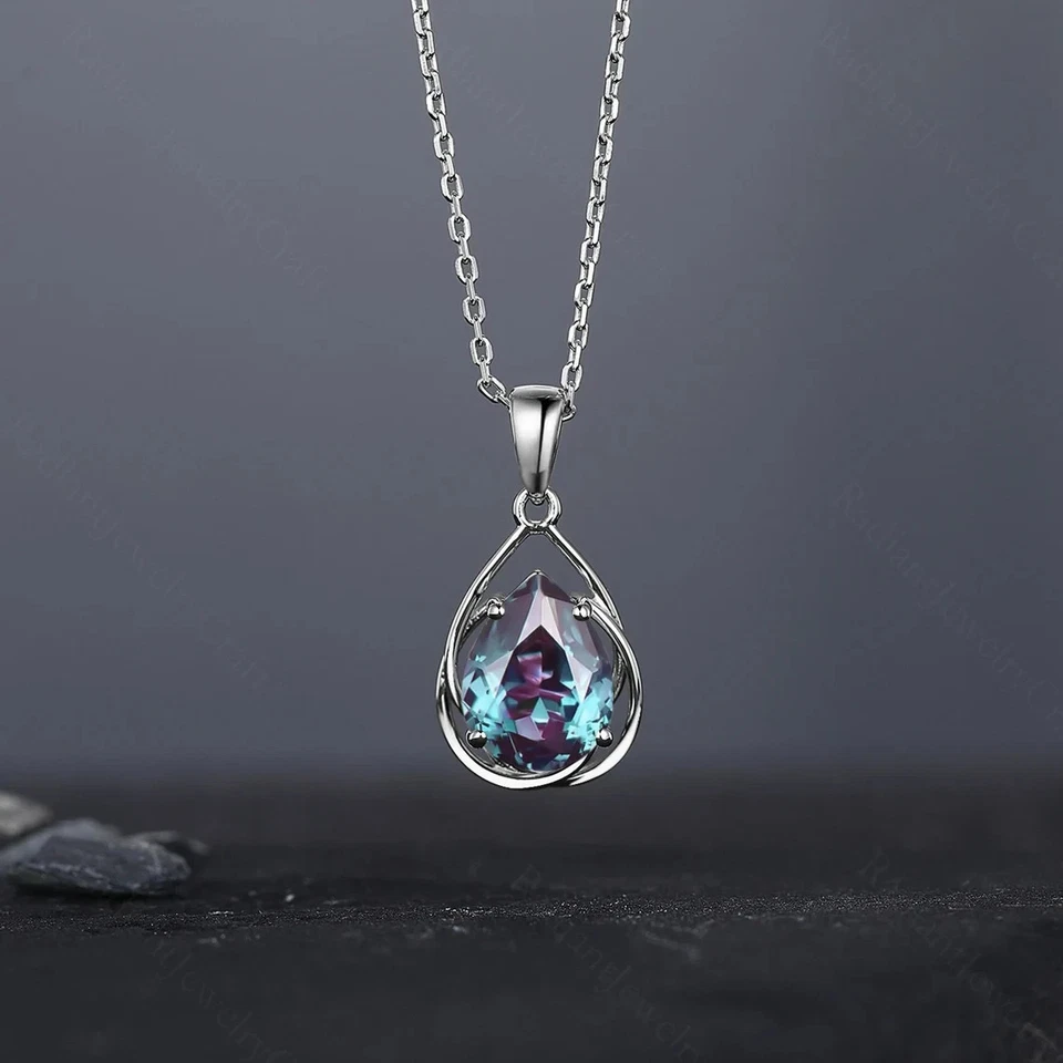 7x9mm Pear Alexandrite Necklace in 14K White Gold Finish June Birthstone For Her - Image 1 of 4