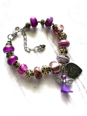 Brazalete con dije europeo púrpura y dorado conciencia del cáncer se adapta a tamaños de muñeca 7,5-8,5" Foto 1 de 4