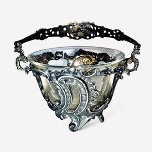 Antiker 800 Silber durchbohrter Zuckerkorb Jugendstil Henkel Glaseinsatz 4,5" Höhe - Bild 1 von 4