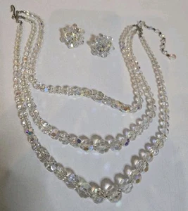 Vintage 3 Level Strand Adjustable Necklace + Matching Earrings - Lots Of Sparkle - Picture 1 of 5