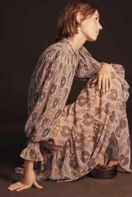 Vestido antigo Batik batido animal Anthropologie mangas balão midi tamanho P NOVO - Imagem 1 de 4