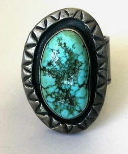 Vintage Natural Turquoise Navajo Tribal Ring Sterling Silver Sz 10.25 Patina - Picture 1 of 12