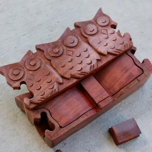 Mystic Owl family Wood Puzzle Box Treasure Mystery stash Rustic Antique Trinket  - Picture 1 of 4