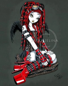 Red Angel Cybergoth Fairy Tattoo Dreadfalls Crimson Signed PRINT Myka Jelina Art - Bild 1 von 5