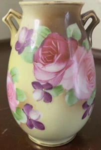Nippon handbemalte Vase Henkel Rose Stiefmütterchen Hartriegel Blume Antik Vintage Morimura - Bild 1 von 11