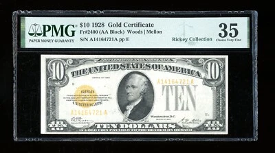 DBR 1928 年 10 美元黄金证书 Fr. 2400 PMG 35 序列 A14164721A 保修和延长保修 — 第 1/2 张图片