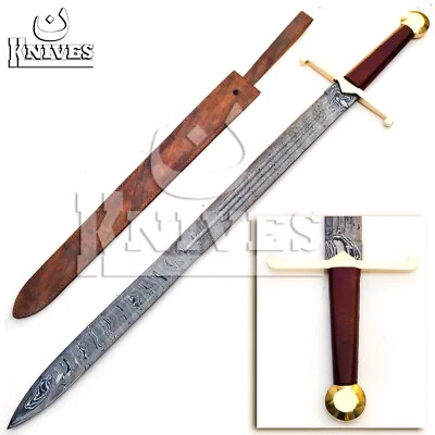 Viking Sword, Real Damascus with Blood Groove 32-Inche Full Tang with Sheath - Image 1 of 4