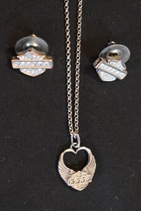 Harley Davidson Winged Bar & Shield 925 Italy Silver Necklace & Earrings Set - Picture 1 of 4