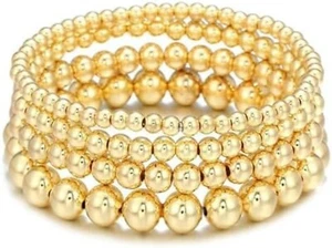 14k Gold Beaded Bracelets for Women Bead Ball Stackable Sets Stretch Elastic - Picture 1 of 3