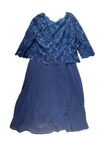 Alex Evenings Dress Blue Sequined Floral 18 Mid Length Gown Scalloped - Picture 1 of 8