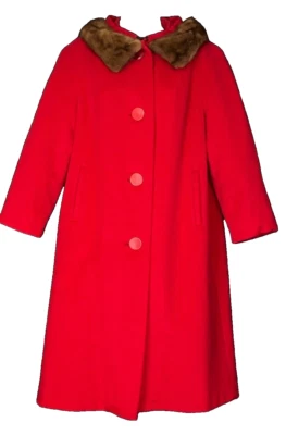 Chaqueta de lana roja vintage de los años 50, abrigo de cuello de piel genuina marrón, pin up formal S M Foto 1 de 4