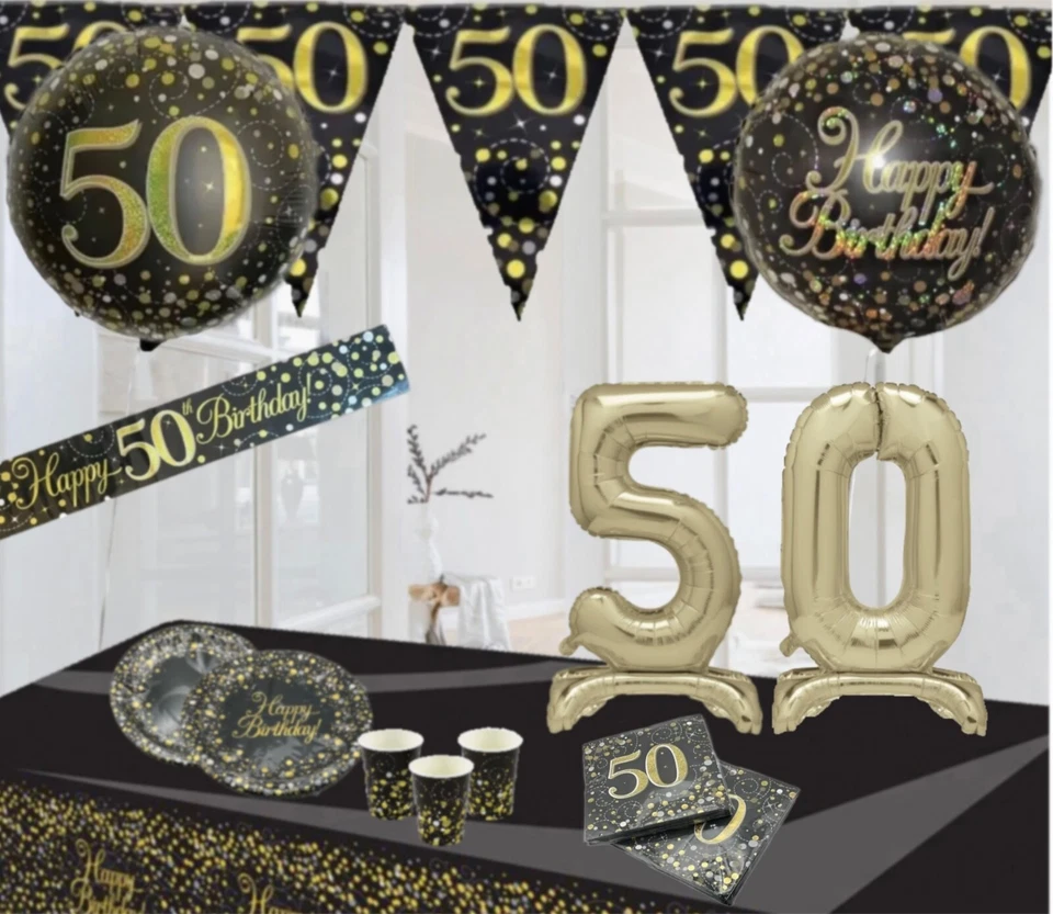 OAKTREE PARTY DECO Age 50th & Happy Birthday Black Gold Party Decorations Bunting Banners Balloons