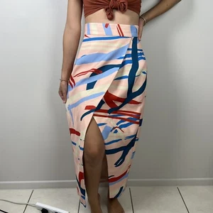 C/MEO Cameo Pencil Skirt Pink Multi Geometric Slit High Waist Long Maxi Size L - Picture 1 of 14