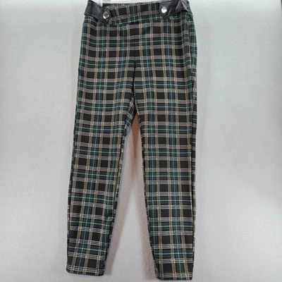 SOHO Apparel Ltd Plaid Pants Faux Leather Trim Button Detail Women's Medium - Image 1 of 4