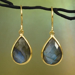 Faceted Blue Labradorite Gold Vermeil Sterling Silver Hook Earrings 3.23g - Picture 1 of 15