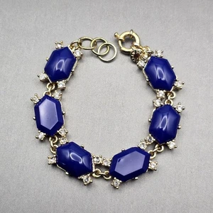 J Crew Navy Blue Faceted Rhinestone Bracelet 7.25" Gold-Tone Crystal Accents - Picture 1 of 7
