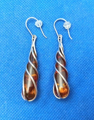 Pair Of Sterling Silver & Baltic Amber Long Teardrop Twist Drop Dangle Earrings - Image 1 of 4